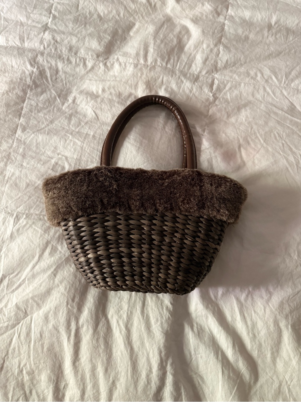 Bath & Body Works Brown Woven Mini Bag with Faux-Fur Trim